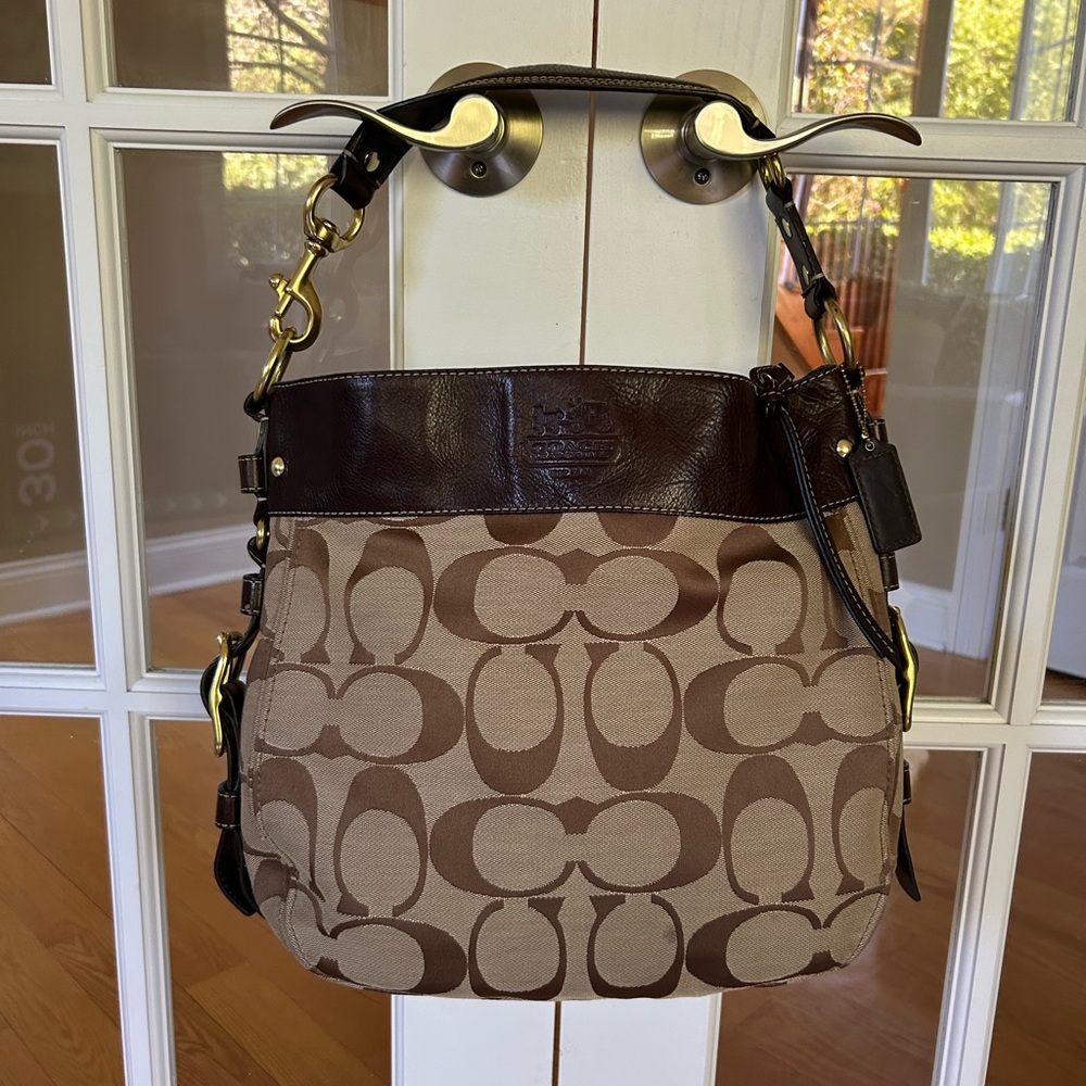 Coach Zoe Signature Khaki Brown Hobo Shoulder Bag LARGE including Coach Dust Bag